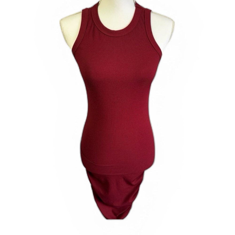 Ribbed Tank Top Dress in Burgundy with Ruching